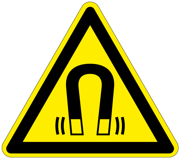 Pictogram magnetisch veld, geel zwart, driehoek, iso 7010, w006, magneet